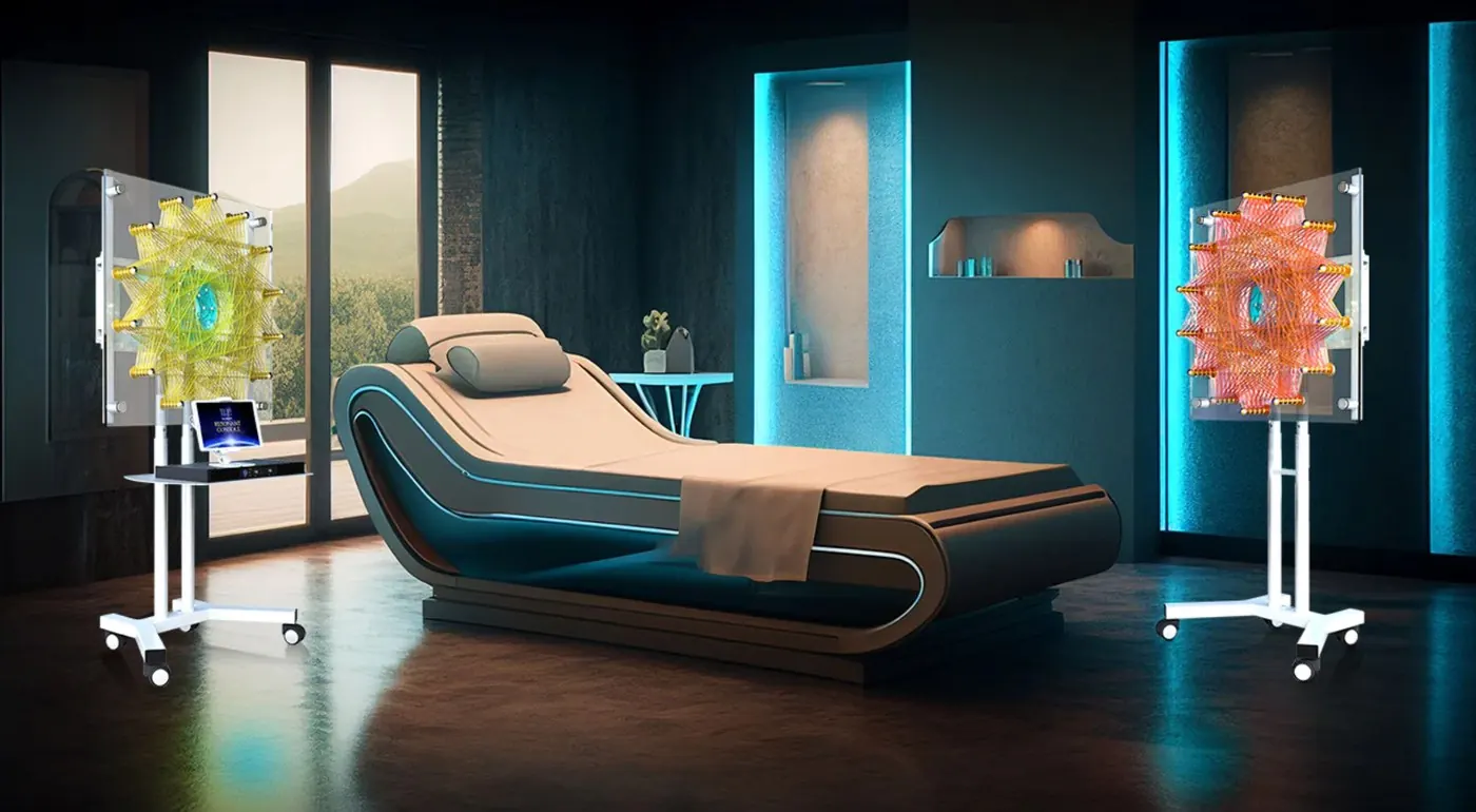 The Quantum Oasis Q-Bed sanctuary lit in healing teal light